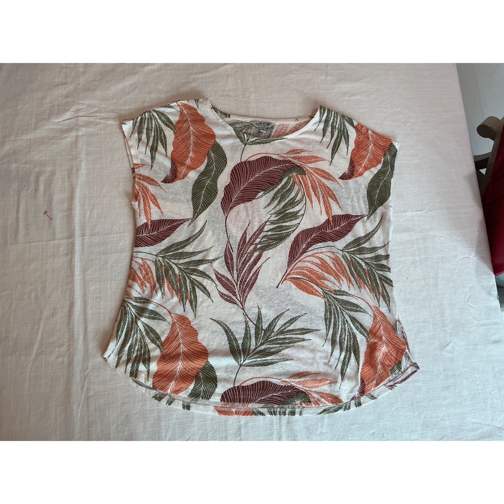 Orvis Womens Large Tropical Leaf Print Linen Blend Scoop Neck Top White Green